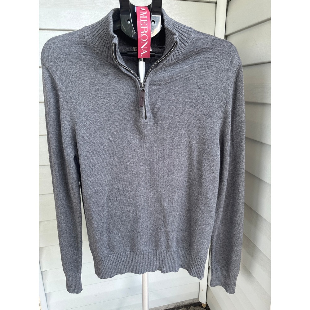 Merona Mens Quarter Zip Sweater Dark Heather Gray Mock Neck Cotton Small NEW